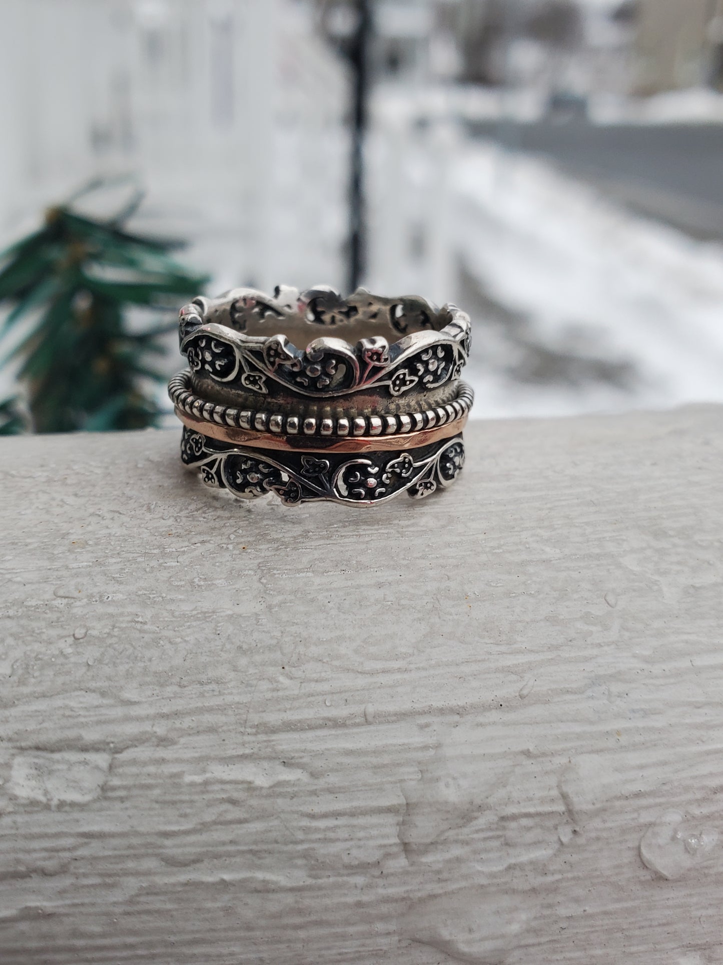 925 Sterling Silver Designer PAZ Israel Thick Oxydized Spinner Band Ring