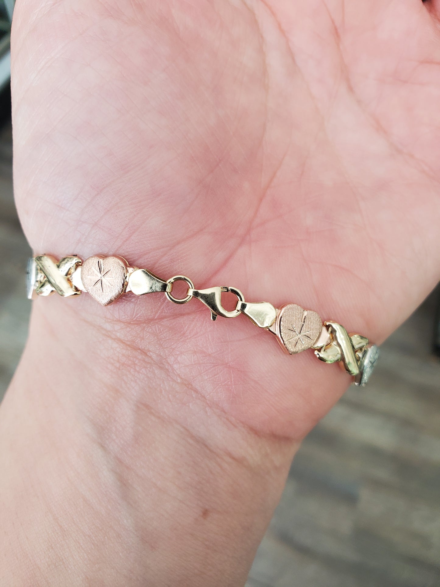 14k Solid Gold Tri-color xoxo hugs and kisses bracelet