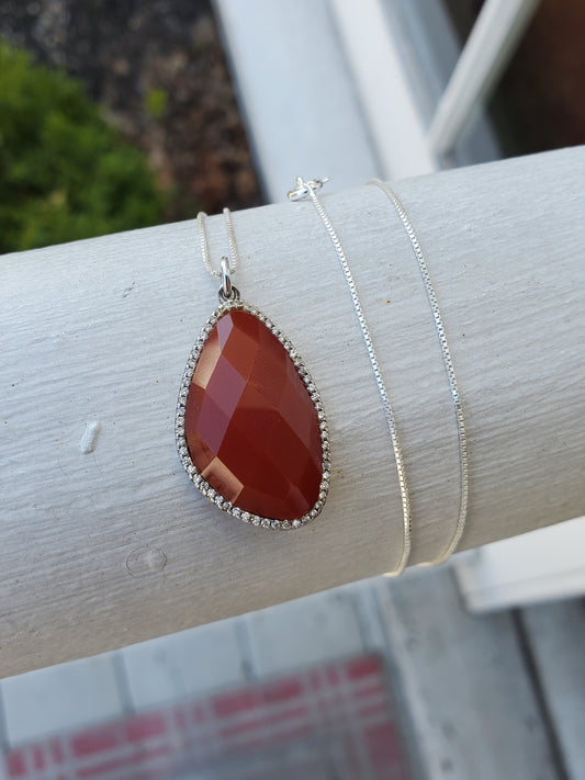 925 Sterling Silver Faceted Oblong Carnelian & Zirconia CZ Halo Pendant Necklace