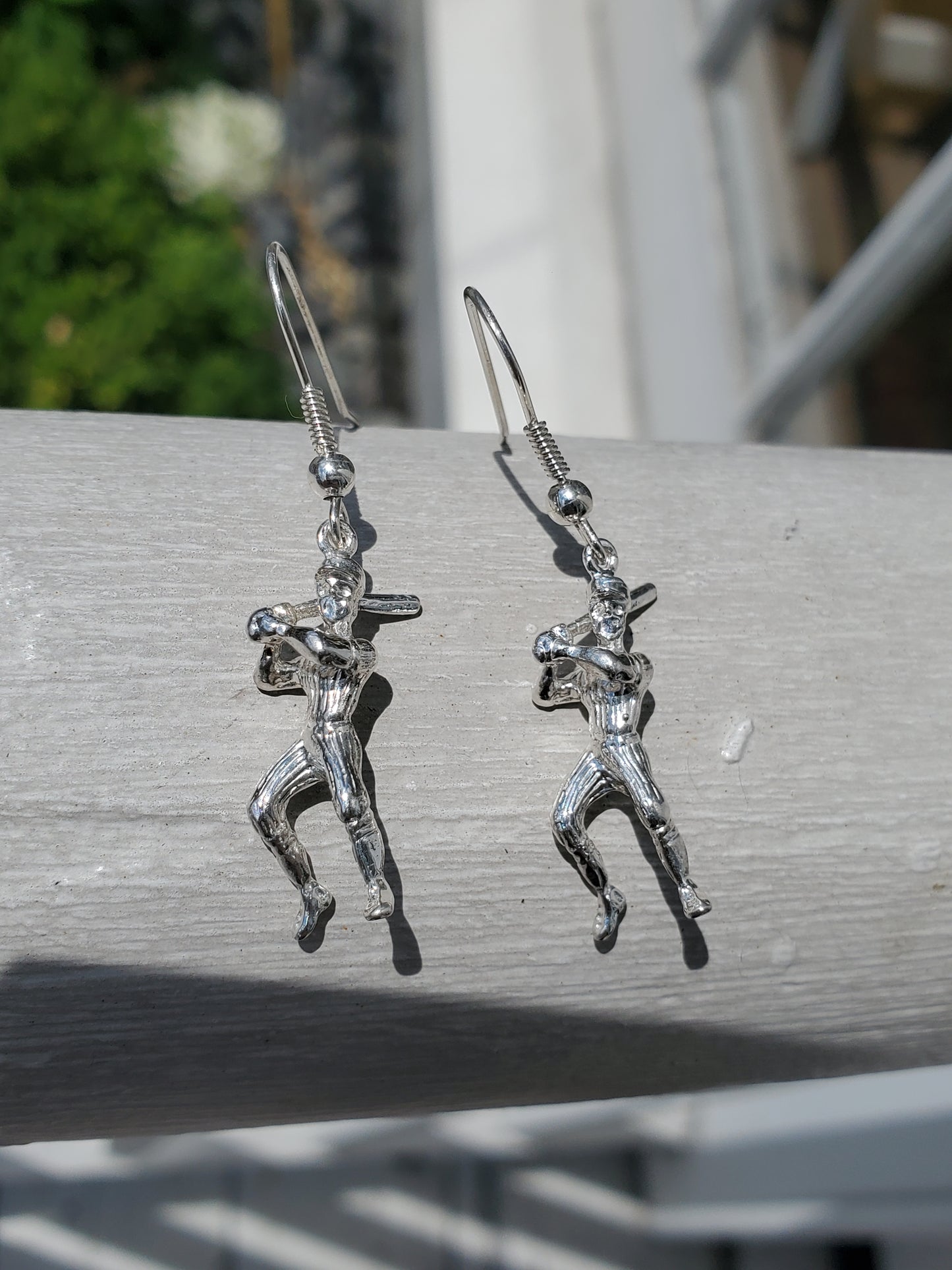 925 Sterling Silver Baseball Softball Player Batter Dangle Earrings