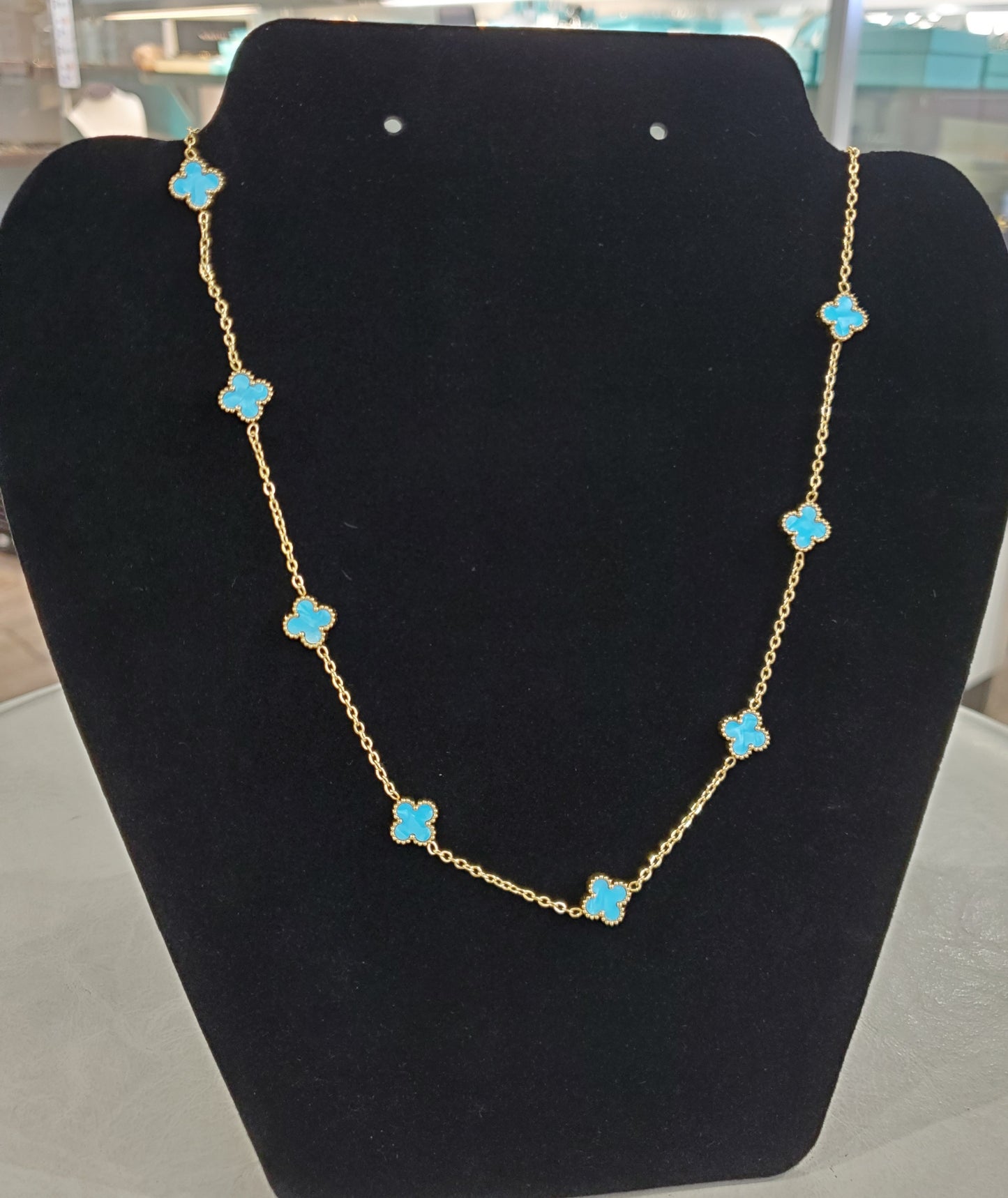 Stainless Steel Vermeil Ladies Sky-blue Quatrefoil Clover Enamel Station Necklace