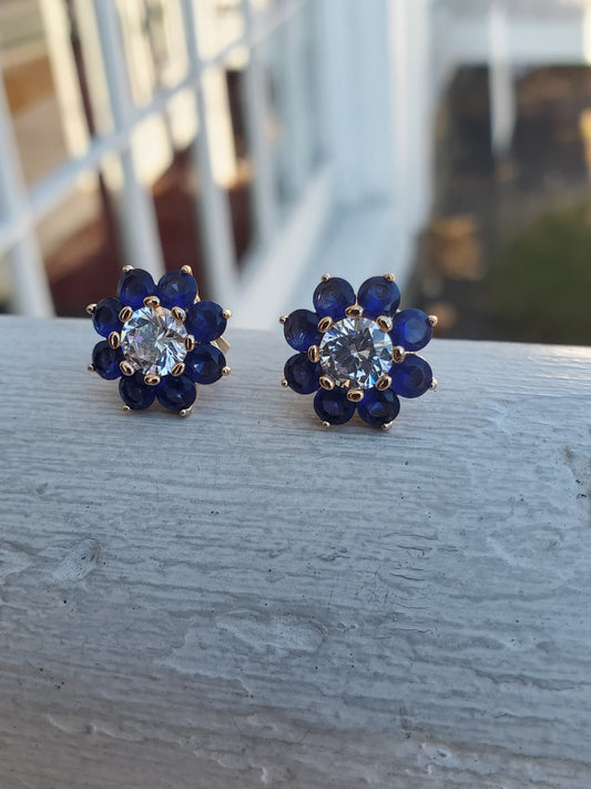Stainless Steel Gold Plated Synthetic Sapphire & Zirconia CZ Flower Stud/Post Earrings