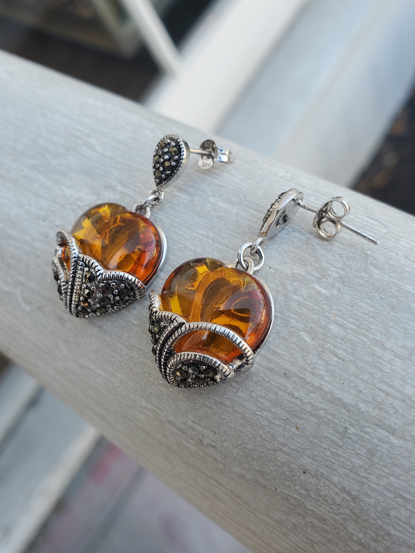 925 Sterling Silver Designer FAS Amber Heart & Marcasite Dangle Earrings