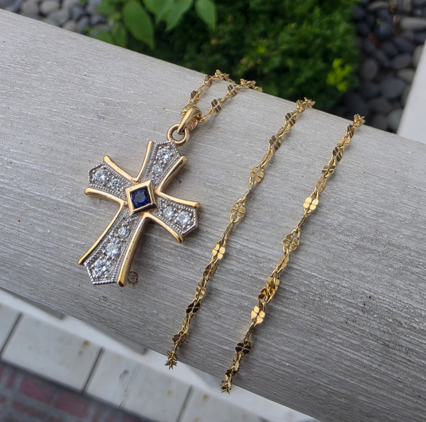 925 Sterling Silver Vermeil Two-Tone Princess Cut Lab Sapphire & Zirconia CZ Cross Necklace
