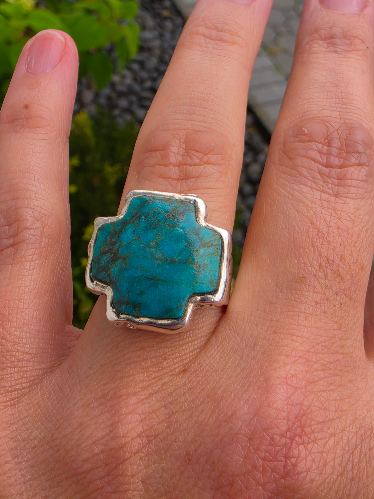 925 Sterling Silver Designer PAZ Natural Turquoise Cross Stone Ring