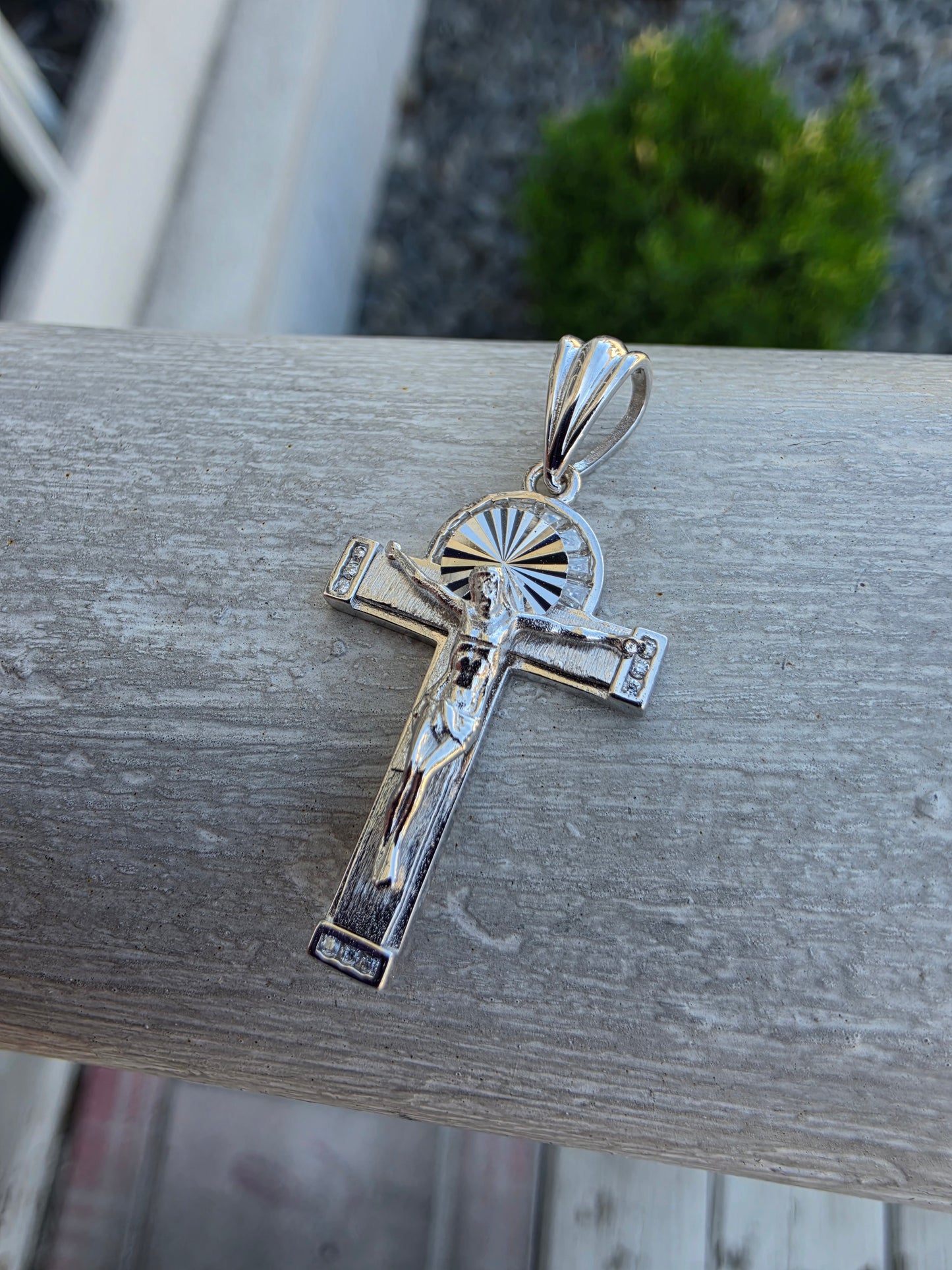 925 Sterling Silver Crucifix Cross Charm Pendant w/ White Spinel Baguette Cut Gemstones