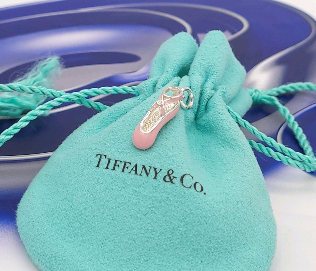 Retired Tiffany & Co. Sterling Silver Pink Enamel Diamond Ballet Ballerina Shoe Slipper Charm Pendant