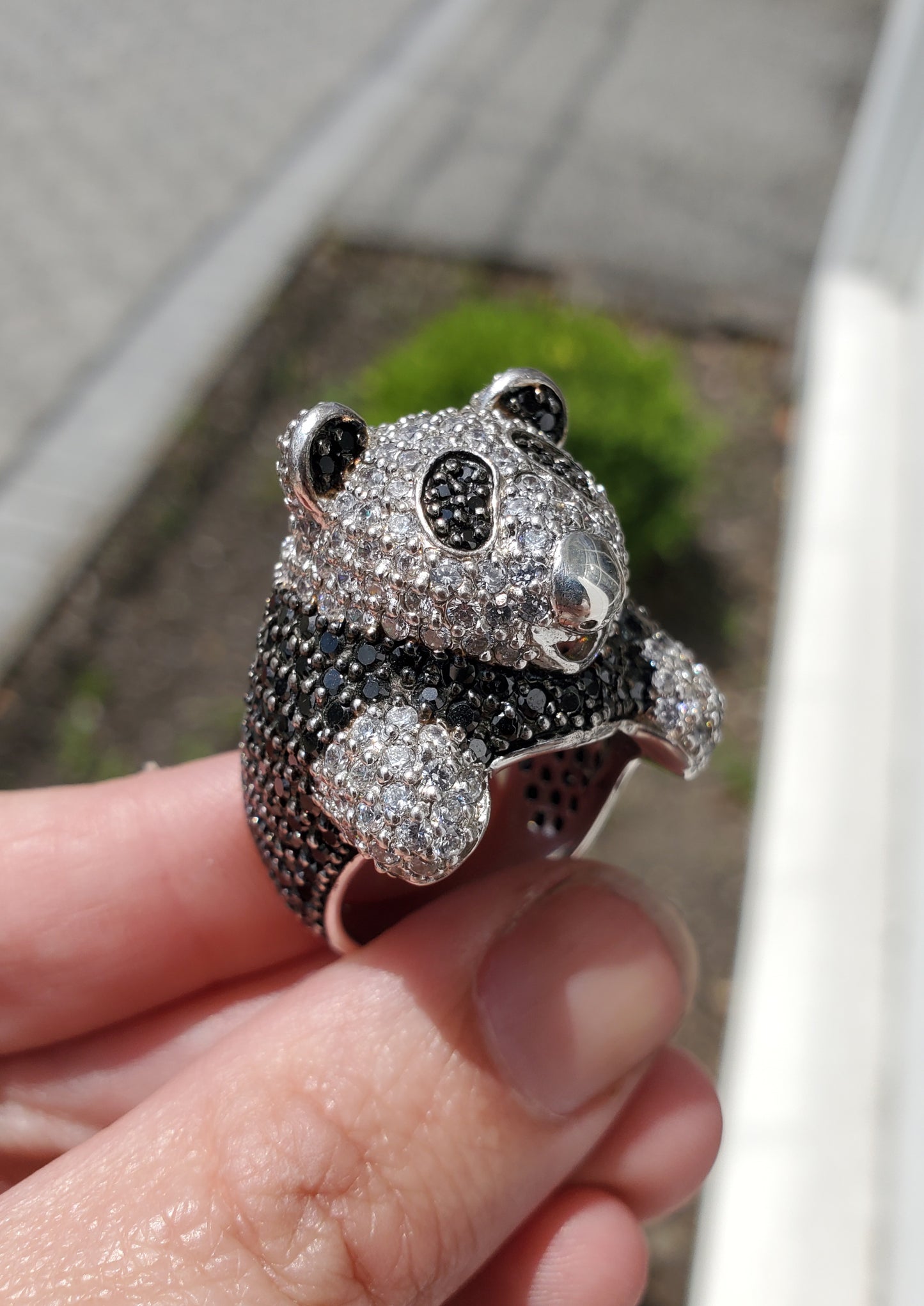 925 Sterling Silver Large Panda Black & Clear CZ Zirconia Cocktail Ring