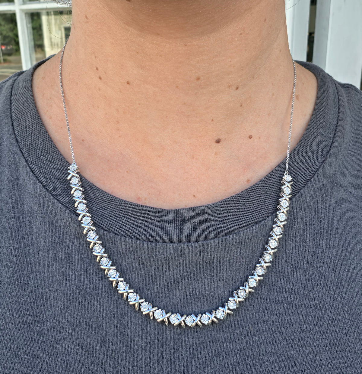 925 Sterling Silver XOXO Hugs & Kisses Natural Diamond Tennis Chain Necklace
