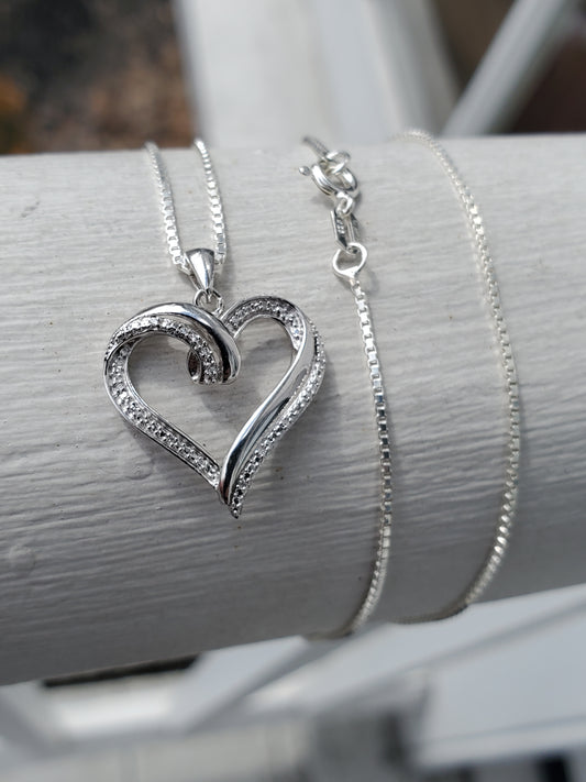 925 Sterling Silver Natural Diamond Ribbon Open Heart Necklace