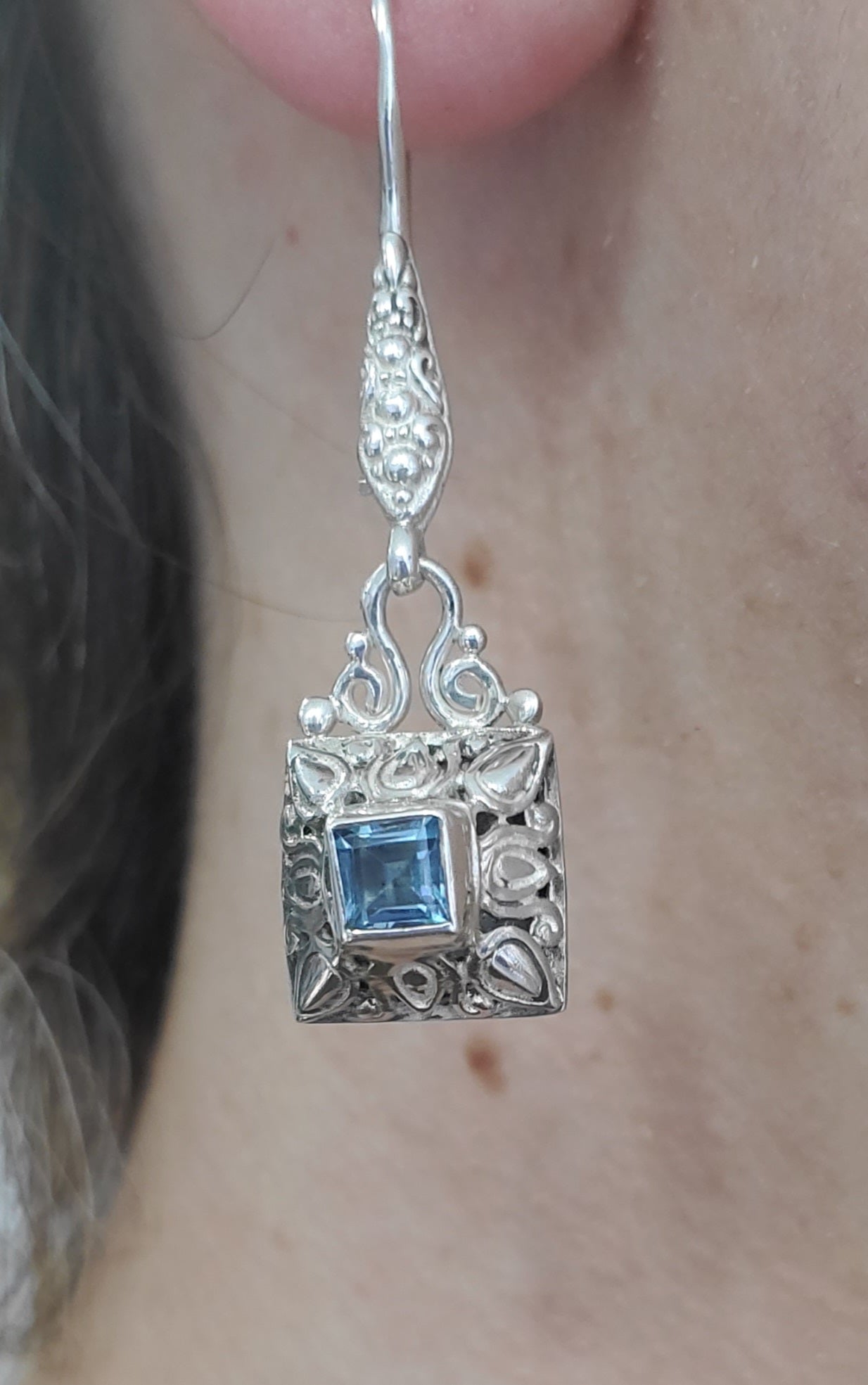 925 Sterling Silver Designer Sarda Blue Topaz Bali Filagre Dangling Earrings