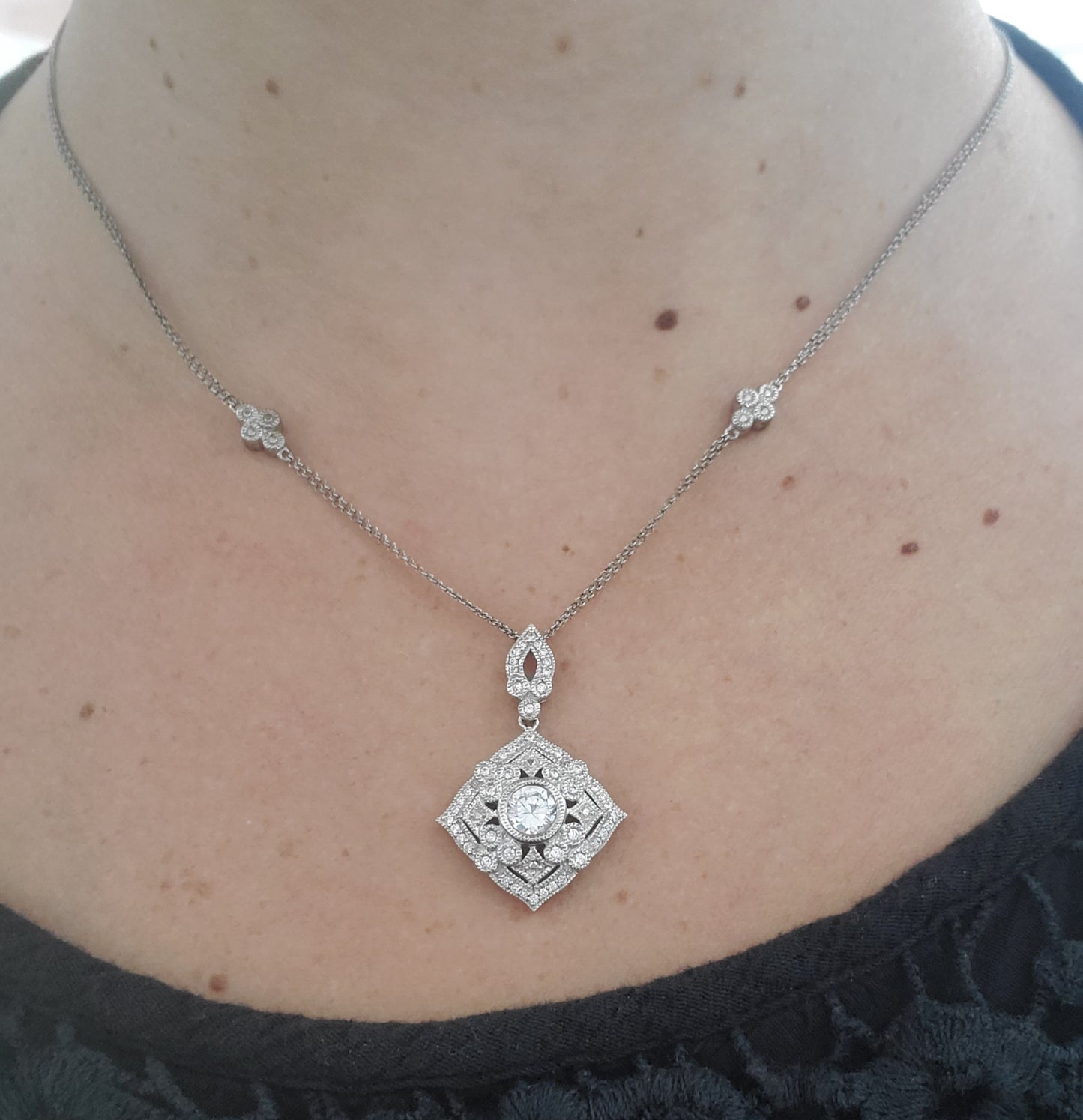 925 Sterling Silver "Sparkling Prestige" Filagre Bezel Set Zirconia Necklace w/ Embellishments