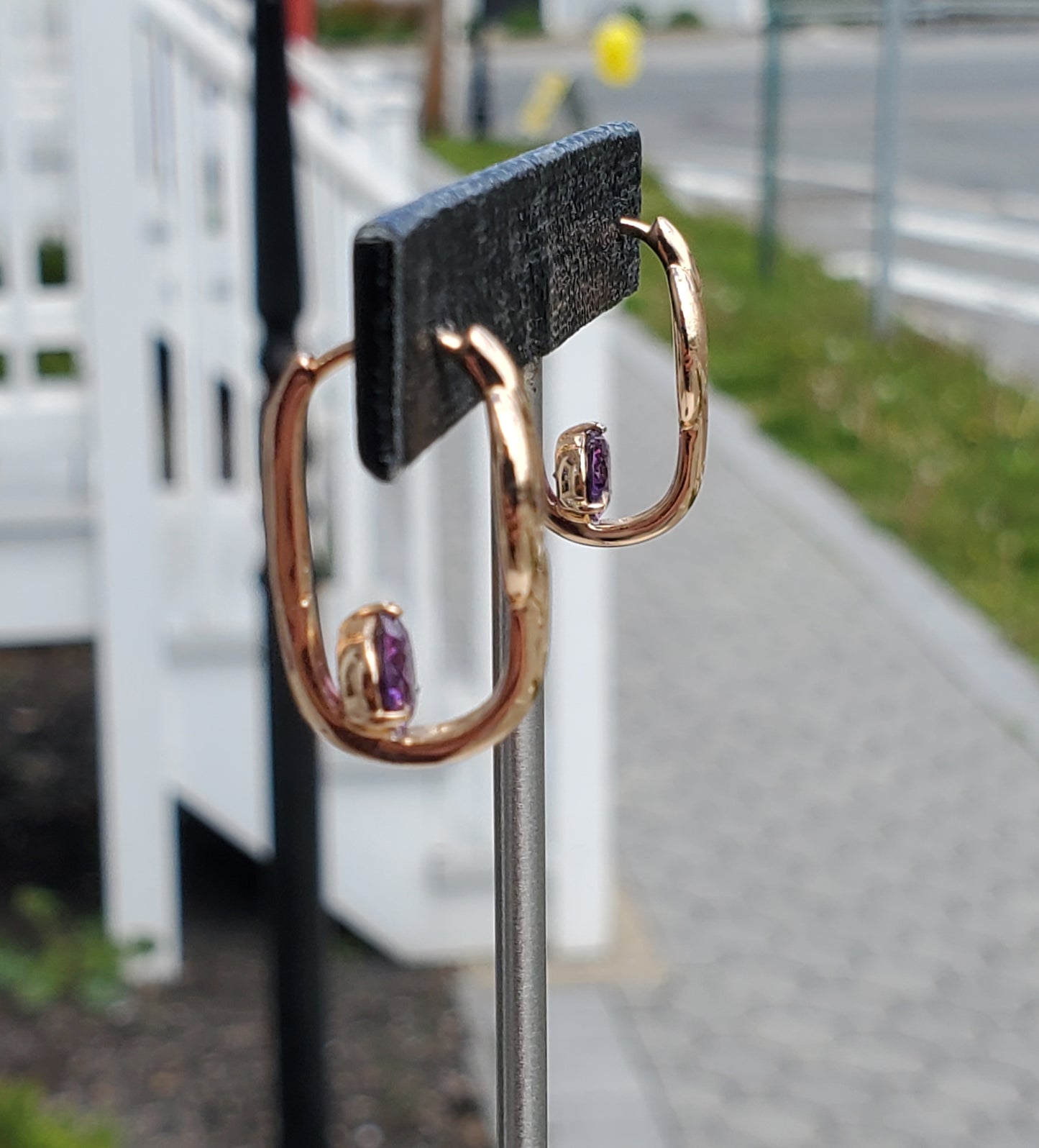 Stainless Steel 316-L Gold-plated Puff Gucci Oval Oblong Simulated Amethyst Huggie Hoop Earrings