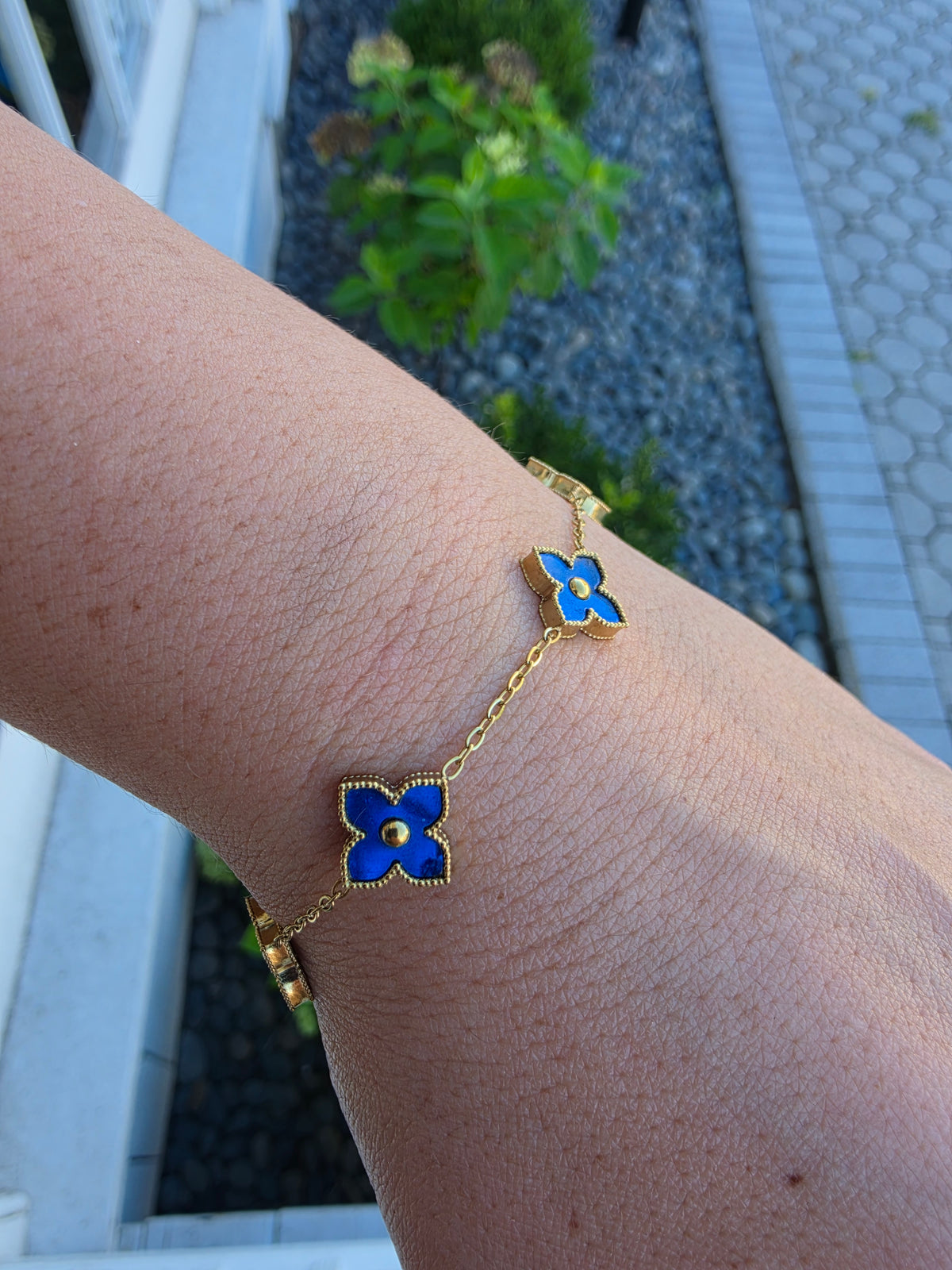 Stainless Steel Gold Vermeil Blue Clover Station Van Cleef Style Bracelet Adjustable 7"-9"