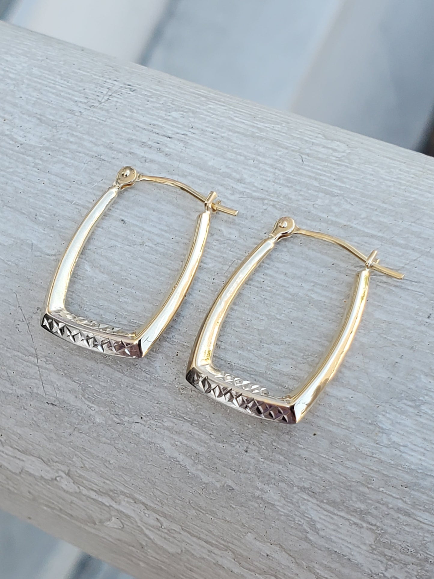 14k Solid Gold Two-Tone Rectangular Diamond Cut Hoop Earrings