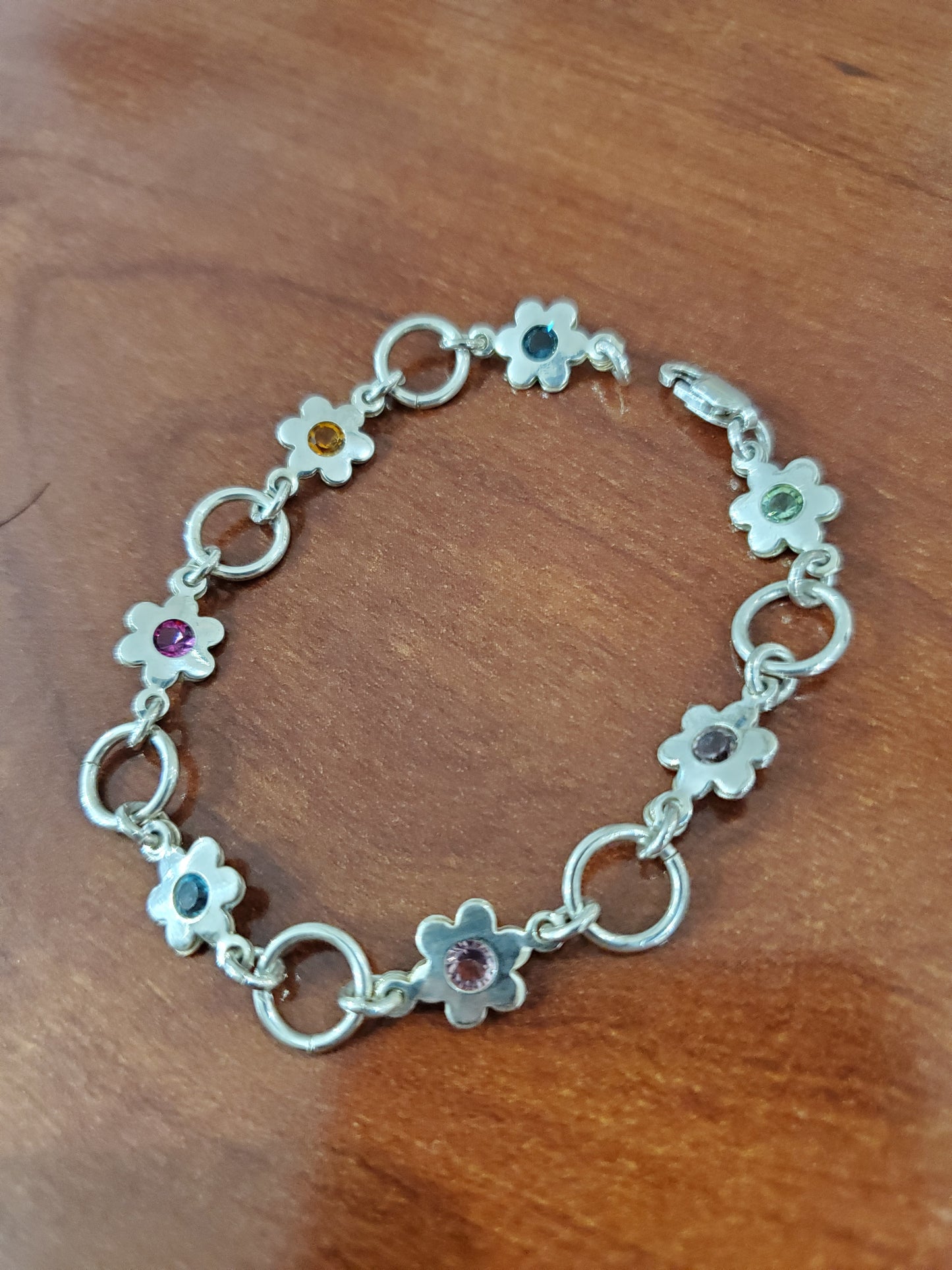 925 Sterling Silver Multi-colored Crystal Daisy Flower Floral Bracelet