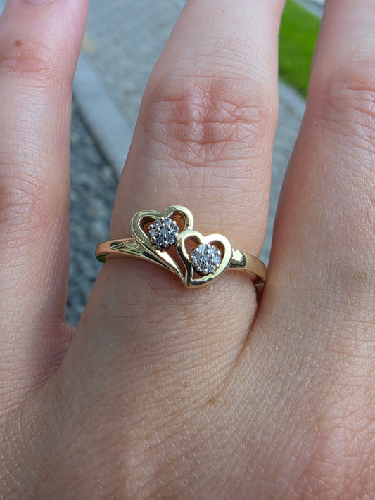 10k Solid Yellow Gold Natural Diamond Double Heart Ring