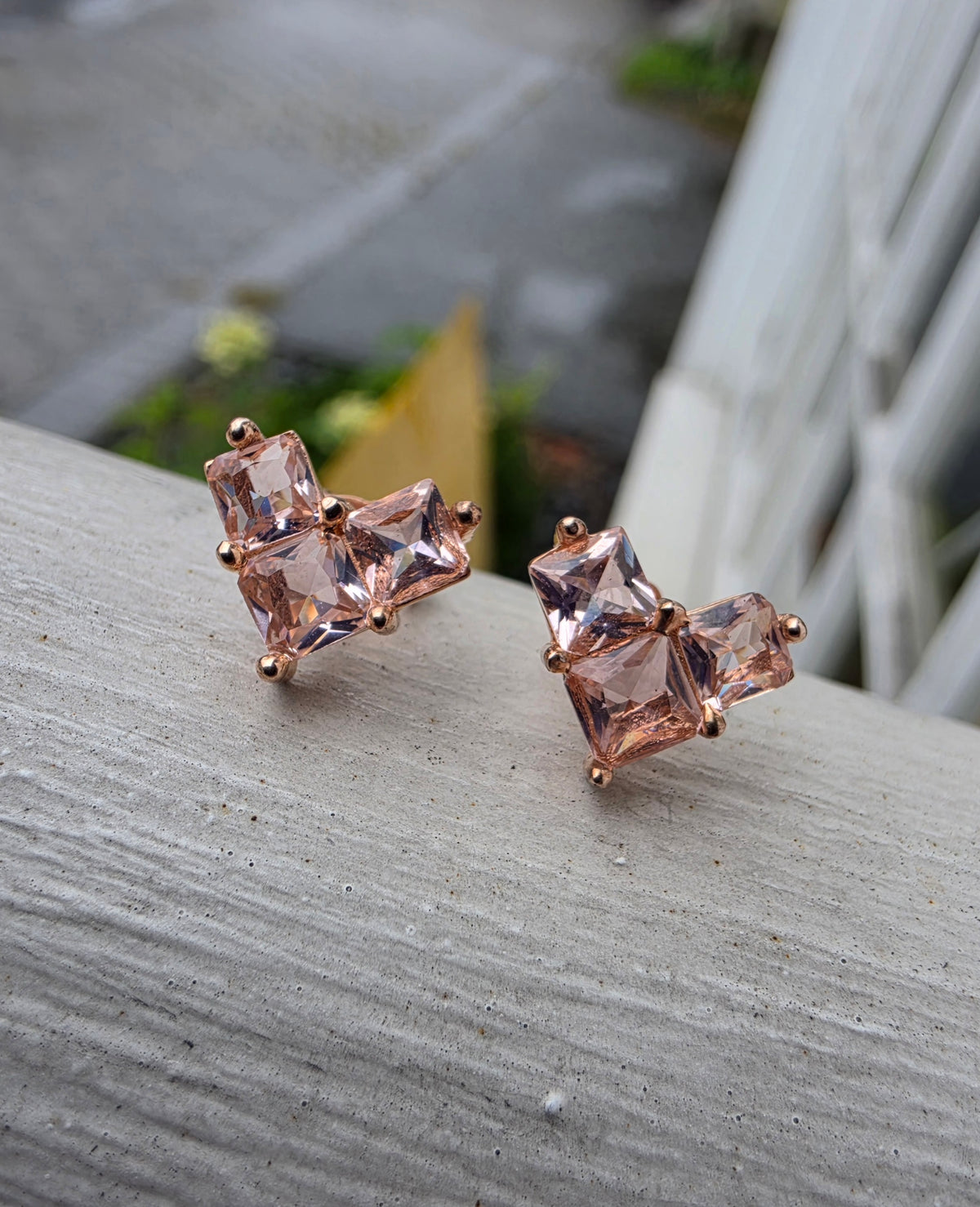 925 Stering Silver Rose Vermeil Tripolo Princess Cut Morganite Zirconia Stud Earrings