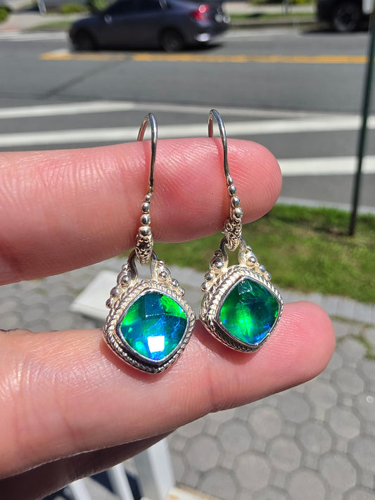 925 Sterling Silver Designer Sarda Rainbow Peridot Quartz Bali Dangling Earrings