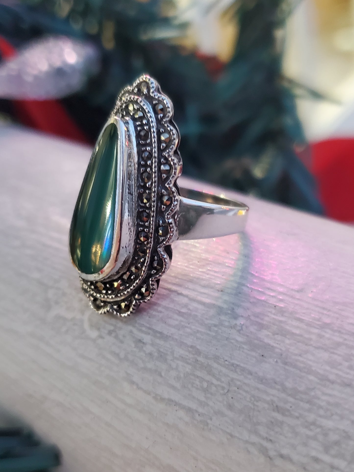 925 Sterling Silver Custom Cut Green Onyx & Marcasite Ring Size 8