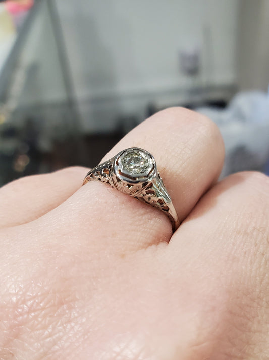 14k Solid White Gold & Platinum Antique Diamond Ring