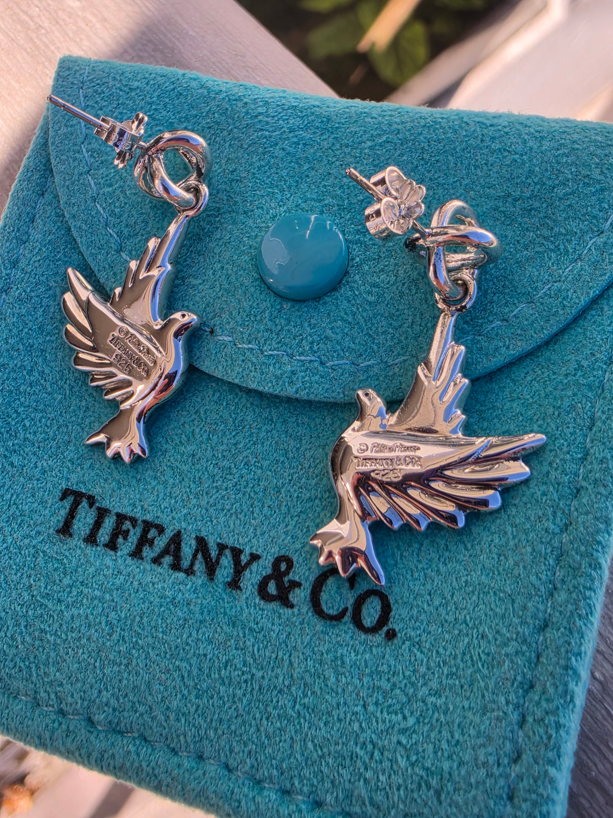 925 Sterling Silver Designer Tiffany & Co Dangling Peace Dove Earrings