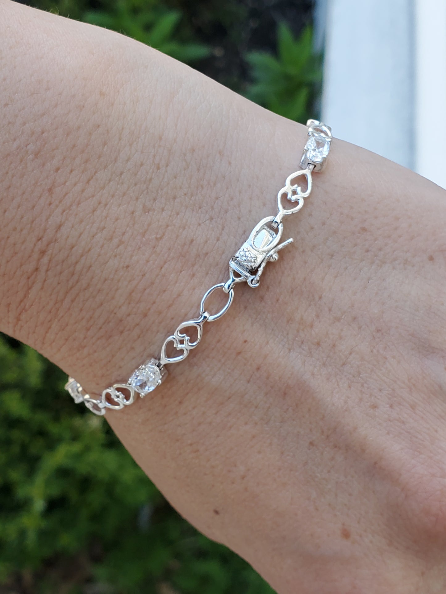 925 Sterling Silver Double Interconnected Heart CZ Zirconia Tennis Bracelet