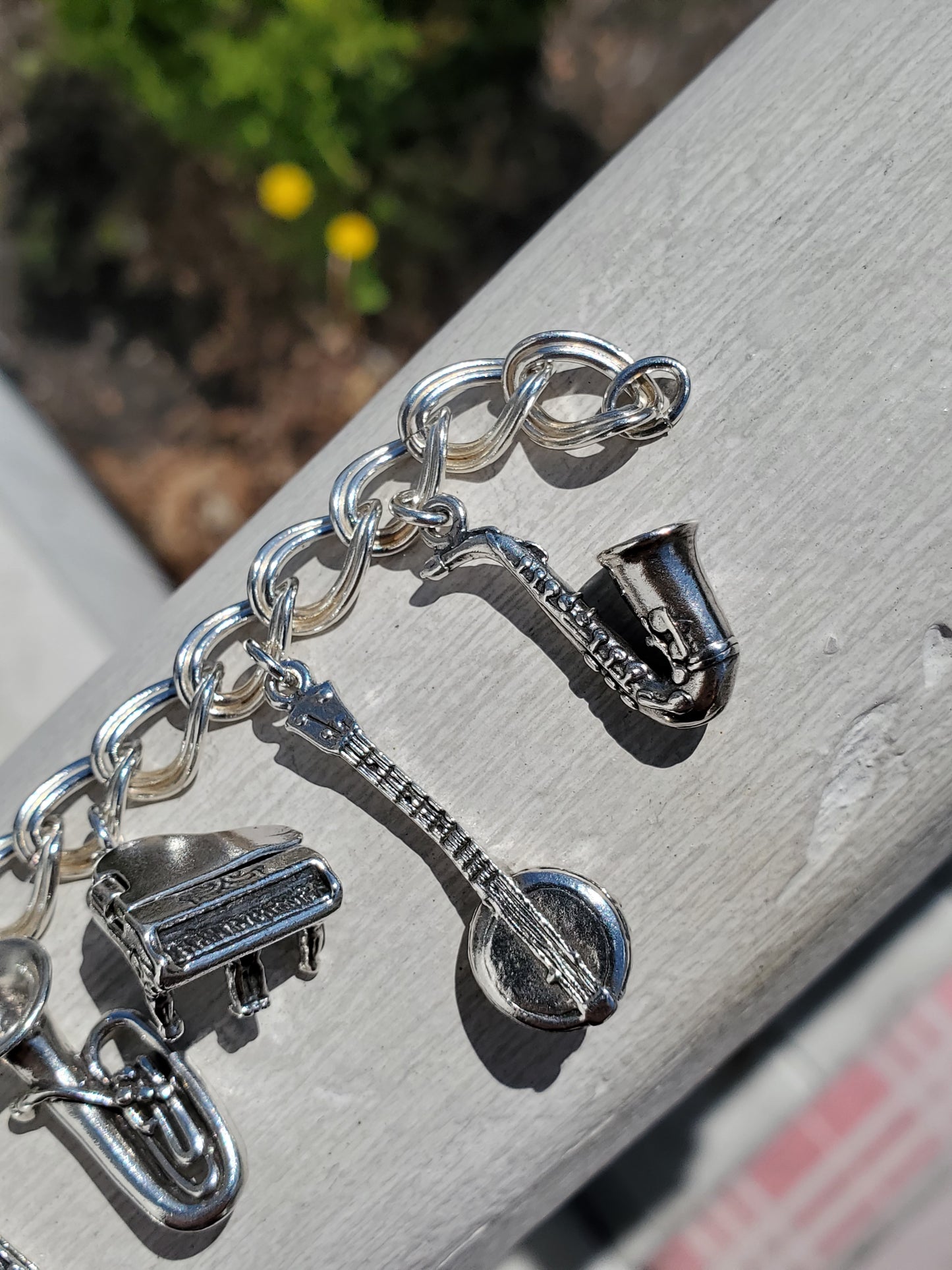 925 Sterling Silver Vintage 3D Musical Instrument Charm Bracelet