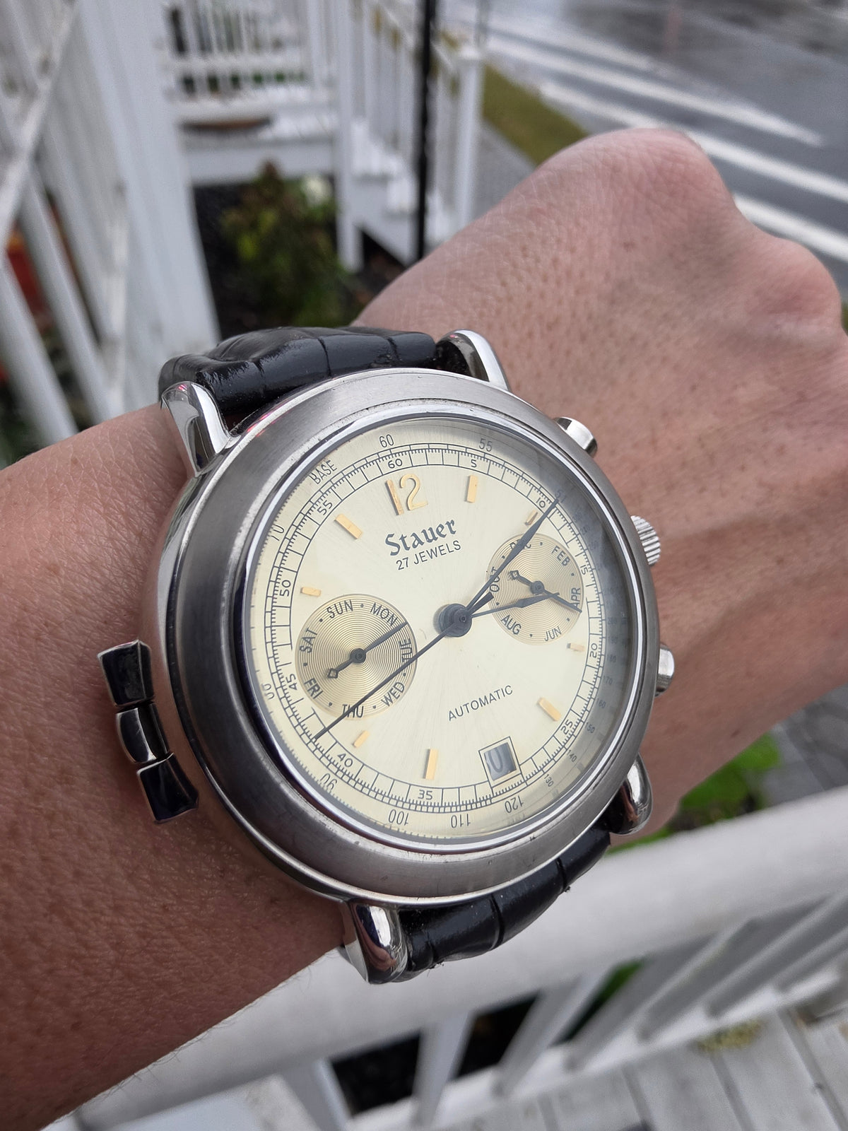 Mens Stauer 1944 Ritorno 27 Jewels Automatic Movement w/Black Leather Adjustable Band Watch