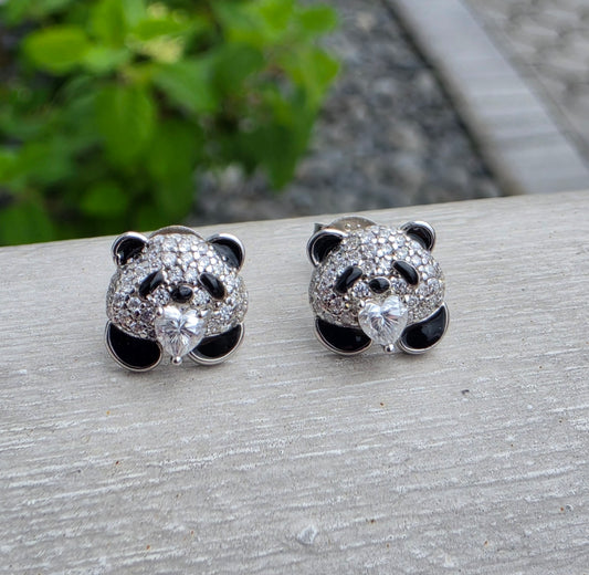 925 Sterling Silver Moissanite Diamond Panda Enameled Earrings