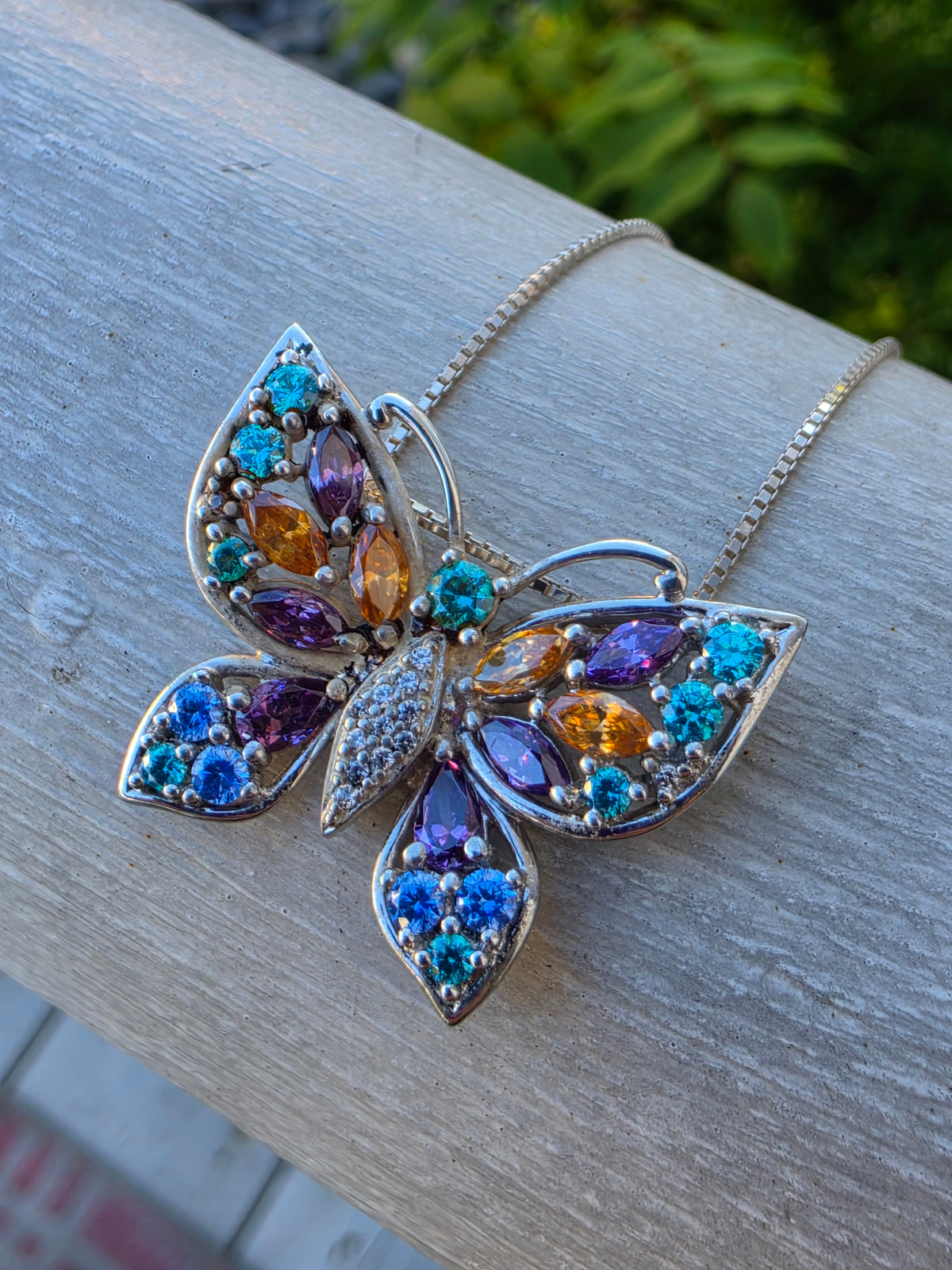 925 Sterling Silver Multi-Color Gemstone Butterfly Pendant Necklace