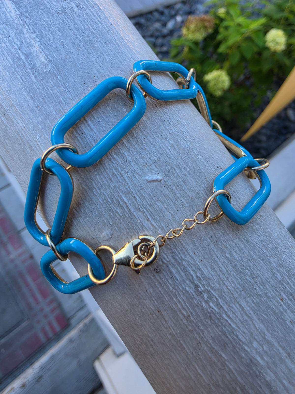 925 Sterling Silver Vermeil Large Teal Enamel Paperclip Link Reversible Bracelet