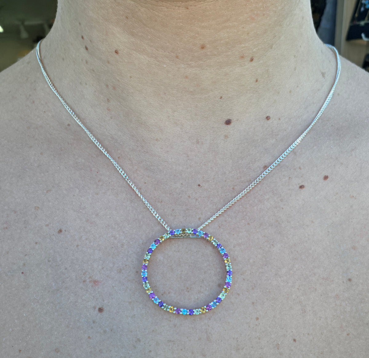 925 Sterling Silver Circle of Life Multi-Color Gemstone Necklace