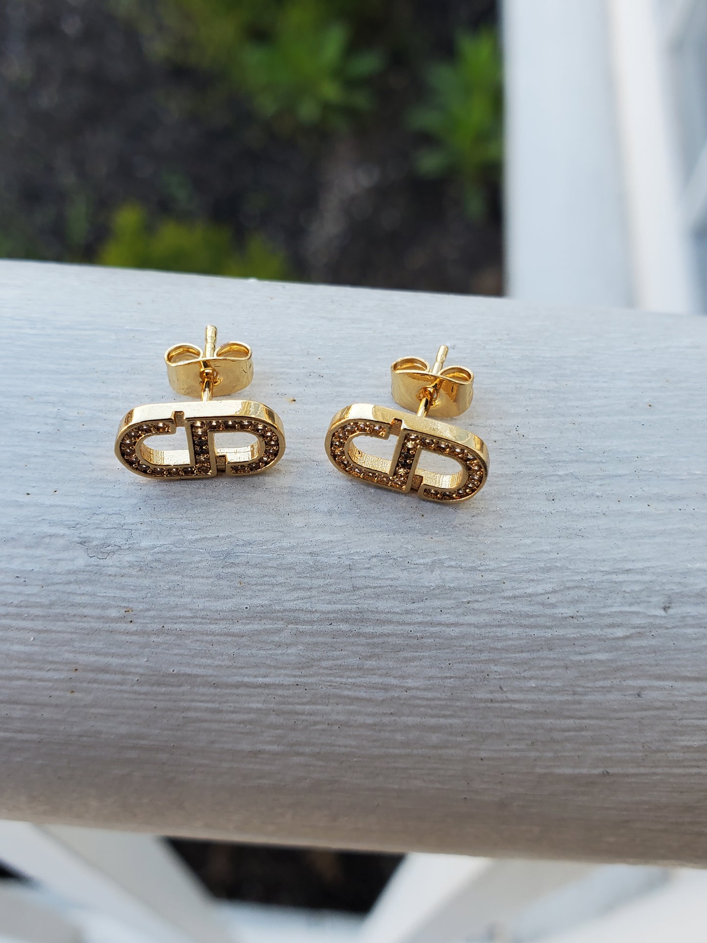 Gold Plated CD Christian Dior Lookalike CZ Stud Earrings