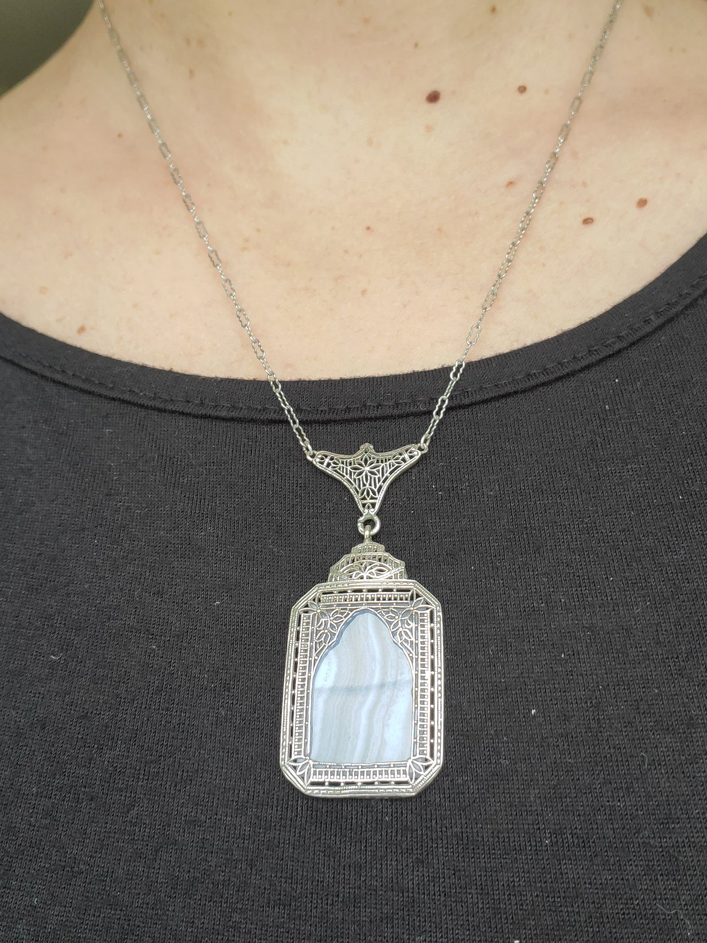 925 Sterling Silver Antique Ladies Blue Lace Agate Art Deco Filagre Necklace
