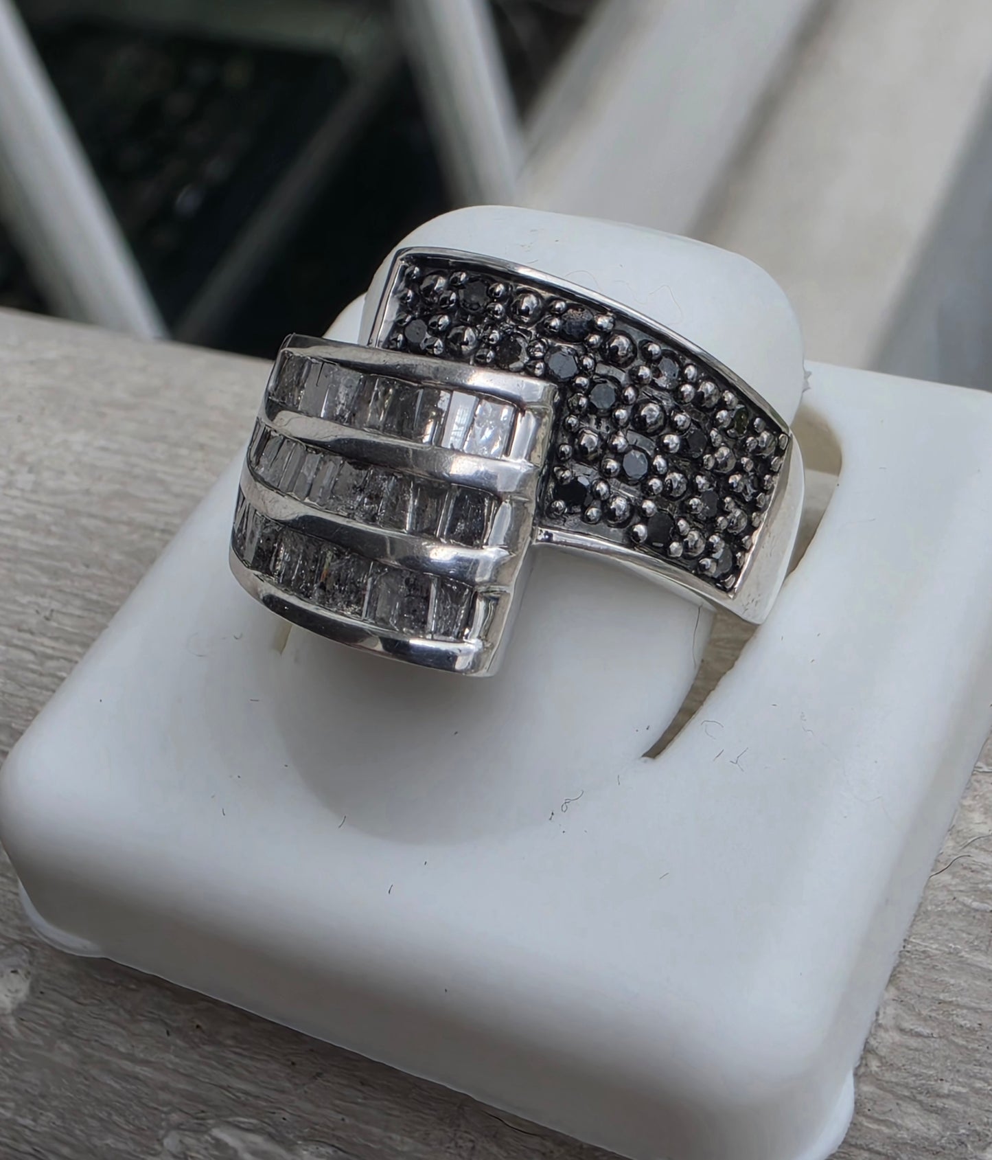 925 Sterling Silver 1.50tcw Natural White Baguette & Black Diamond OTC International Bypass Design Ring