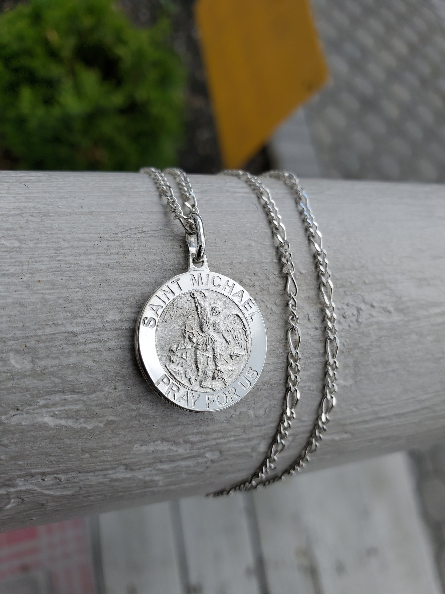 925 Sterling Silver Saint Michael Miraculous Metal Charm w/ 22" Figaro Link Chain