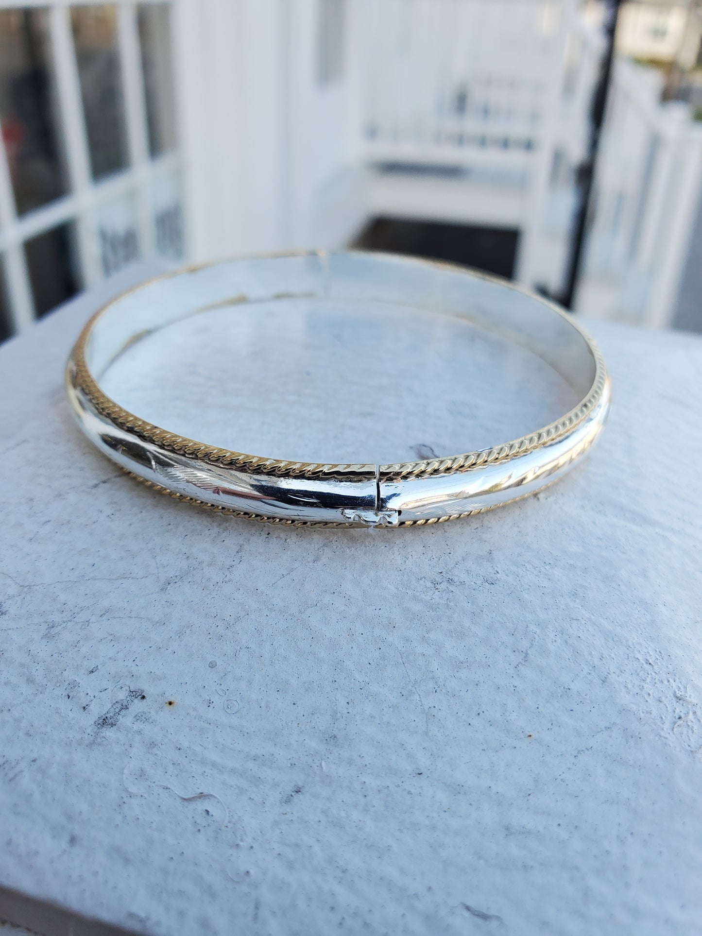 925 Sterling Silver 2-Tone Vermeil Textured Edge Diamond Cut Bangle Bracelet