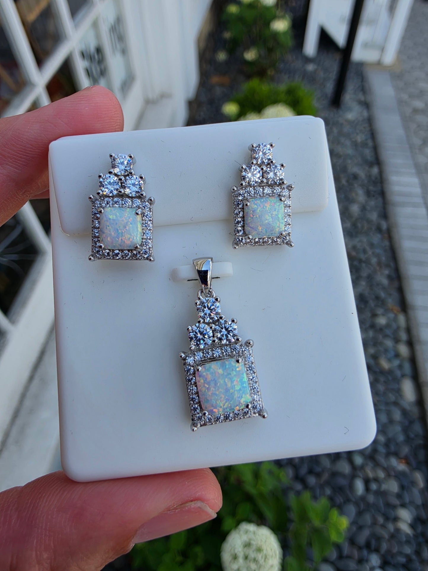925 Sterling Silver Cushion Cut Opal & White Spinel Pendant & Earrings Gift Set