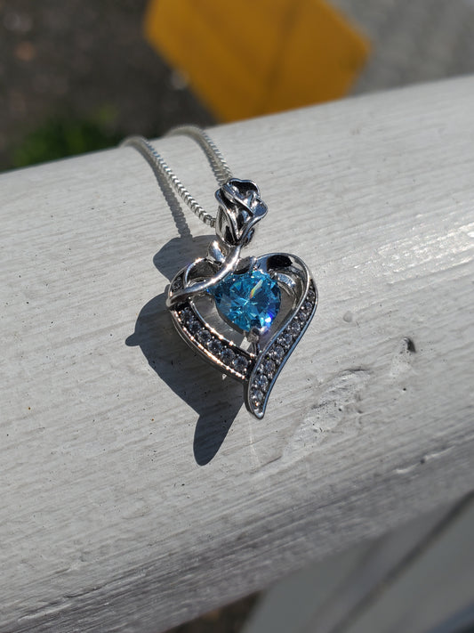 925 Sterling Silver Blue Topaz Zirconia Heart Rose Necklace