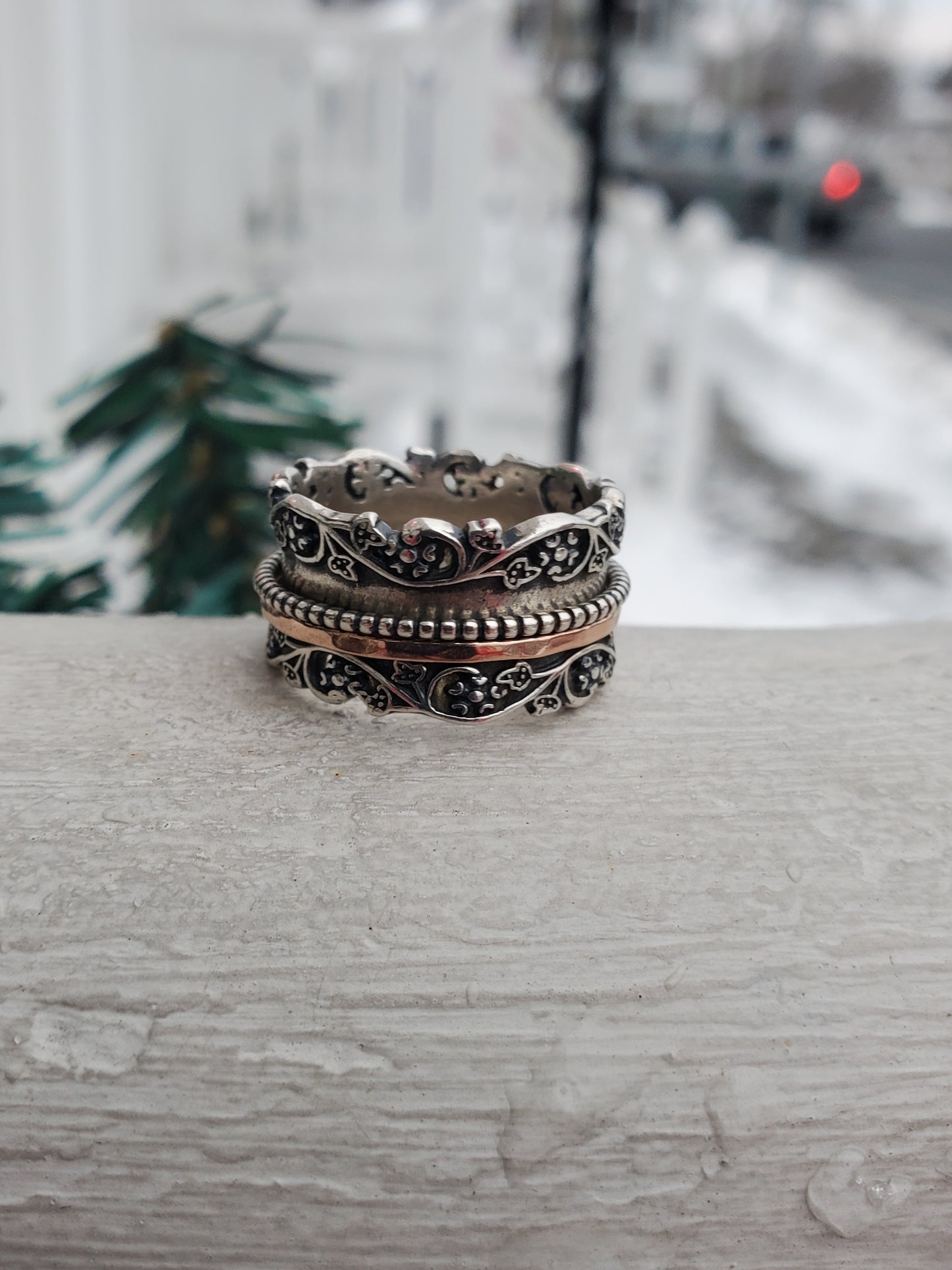 925 Sterling Silver Designer PAZ Israel Thick Oxydized Spinner Band Ring