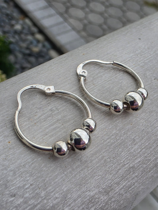 925 Sterling Silver 20mm Triple Beaded Hi-Polish Hoop Earrings