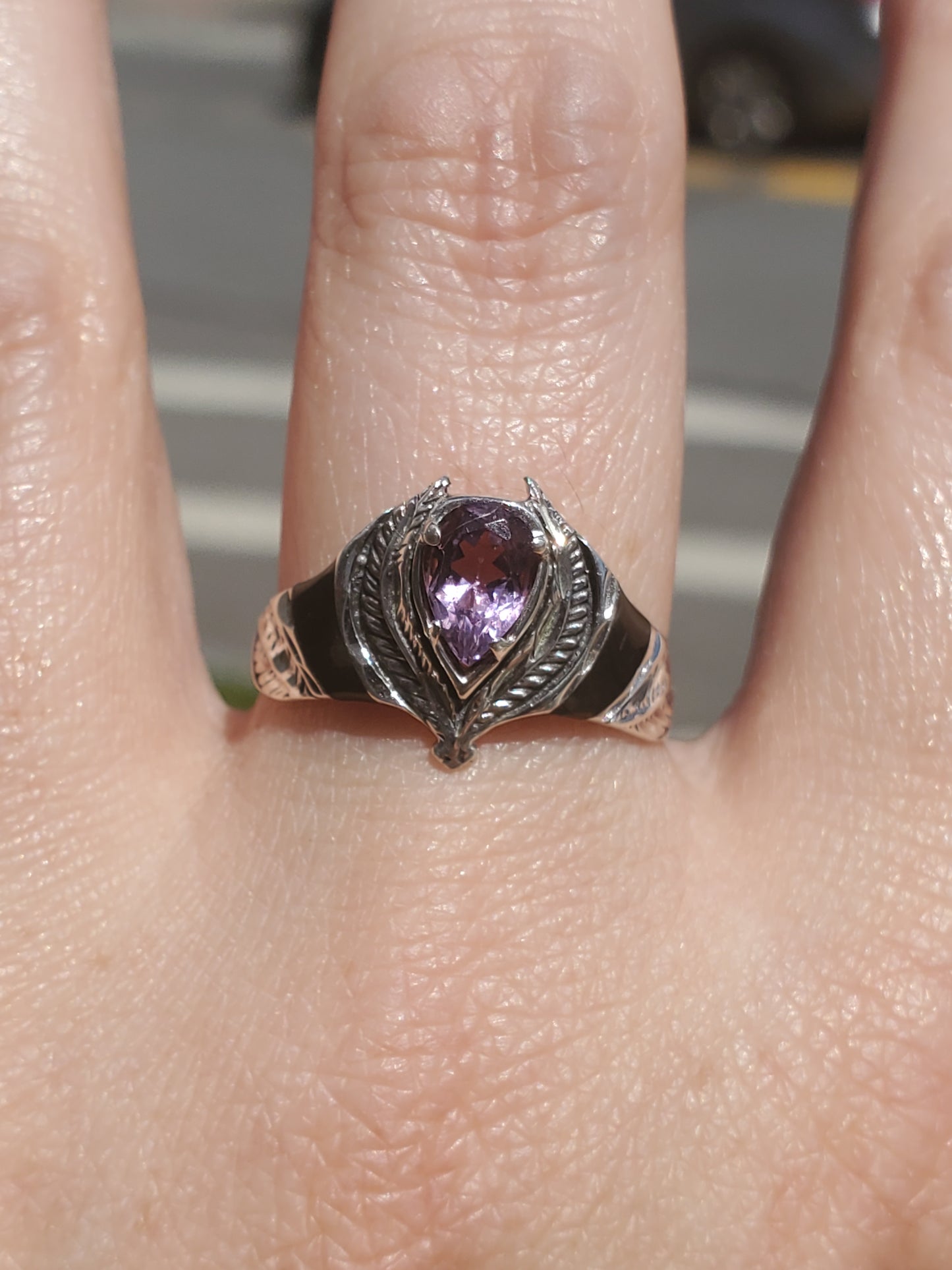925 Sterling Silver Vintage Amethyst & Black Onyx Crown Ring