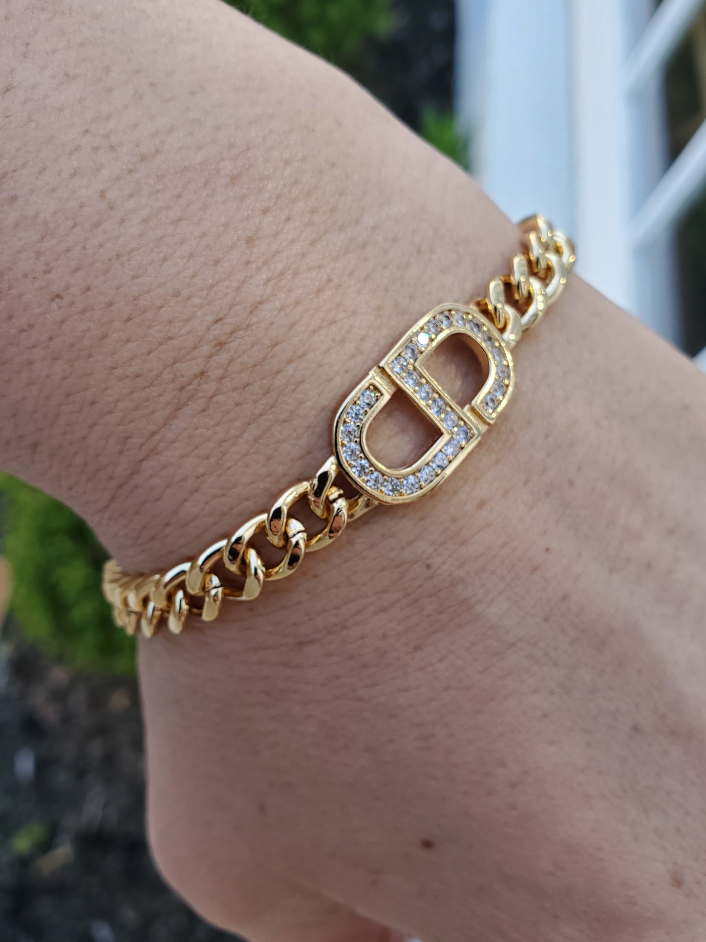 Gold Plated CD Christian Dior Lookalike CZ Cuban Link Chunky Bracelet