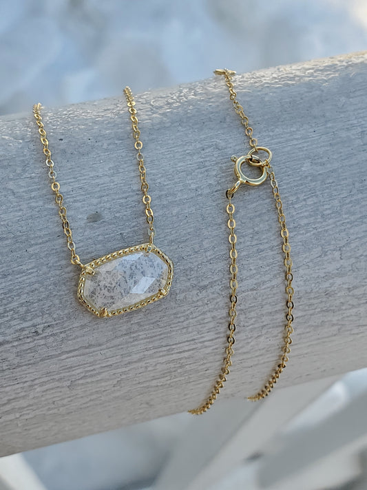 925 Sterling Silver Vermeil Kendra Scott Style Clear Crackle Quartz Crystal Necklace