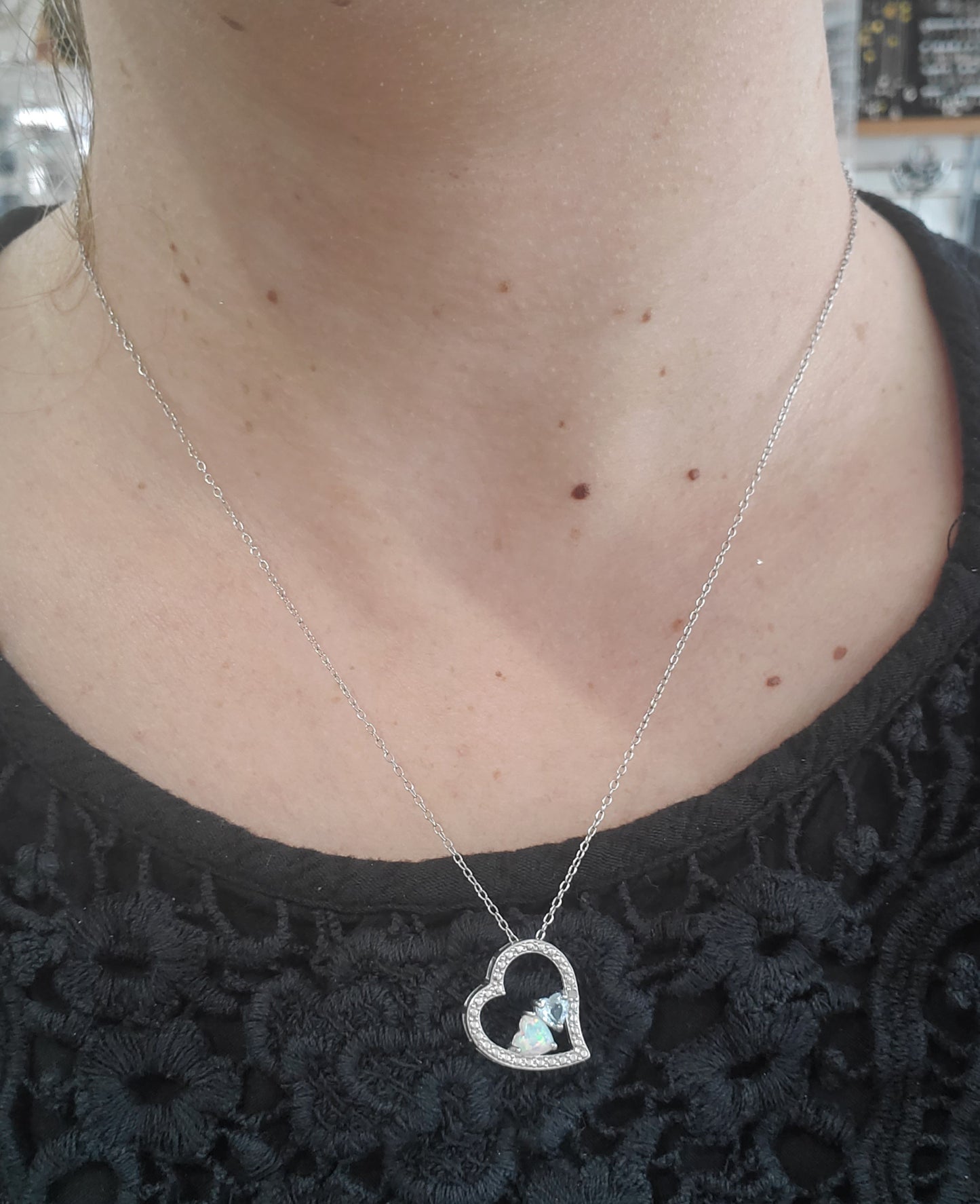 925 Sterling Silver Aquamarine & Opal Open Heart Pendant Necklace