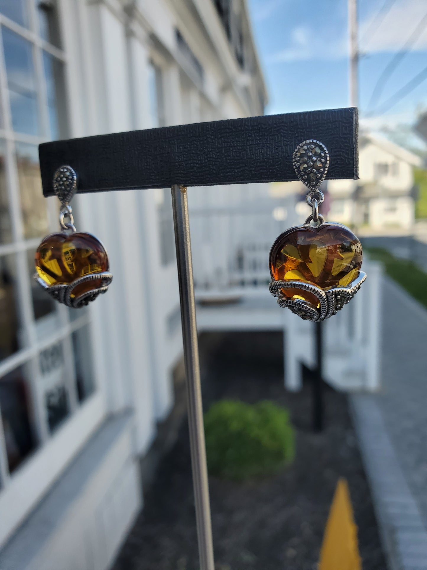 925 Sterling Silver Designer FAS Amber Heart & Marcasite Dangle Earrings