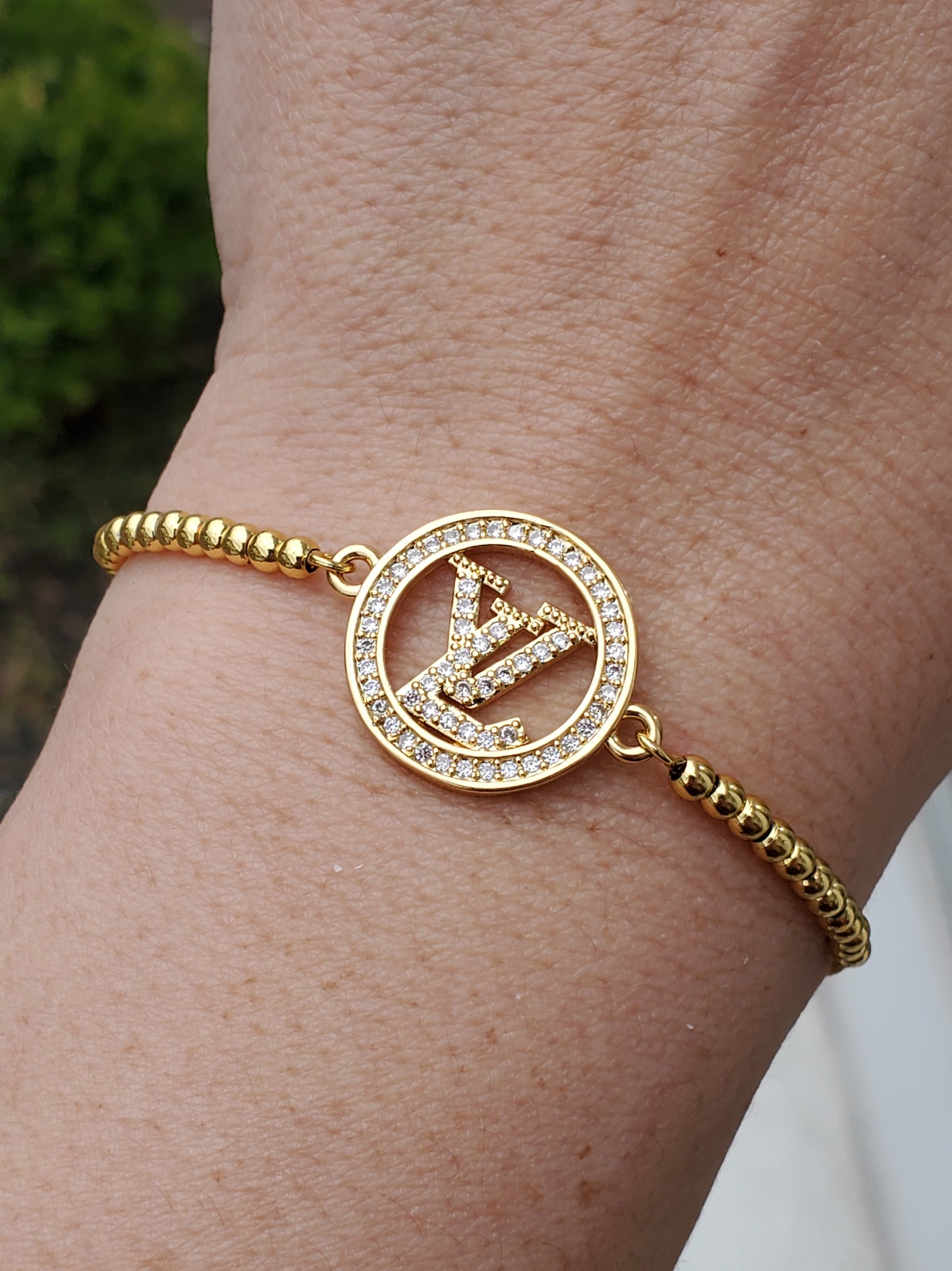 925 Sterling Silver Vermeil LV Designer Logo Pull Tassel Bracelet