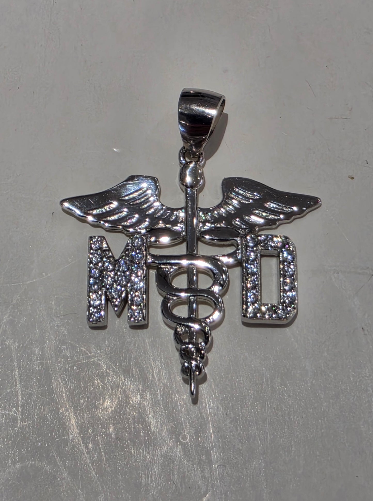 925 Sterling Silver & MD Medical Doctor Sign Staff Pendant Charm