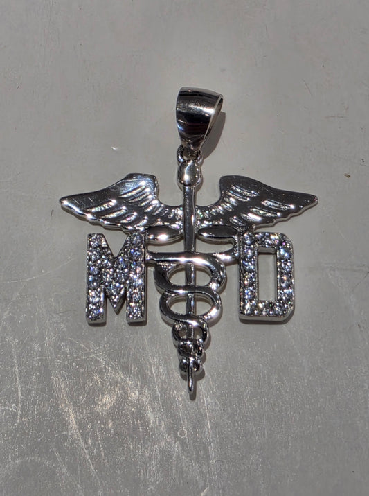 925 Sterling Silver & MD Medical Doctor Sign Staff Pendant Charm
